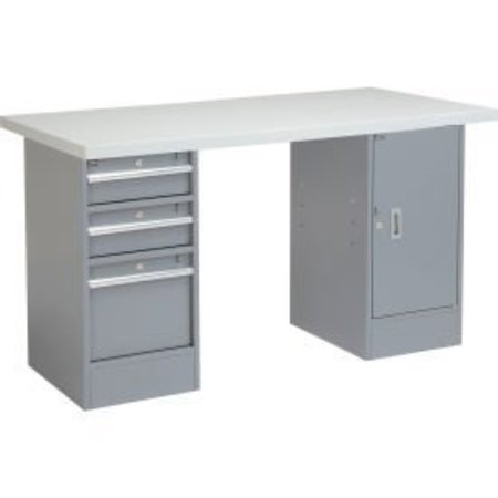 GLOBAL EQUIPMENT 96 x 30 Pedestal Workbench - 3 Drawers   Cabinet, Laminate Square Edge Gray 318861